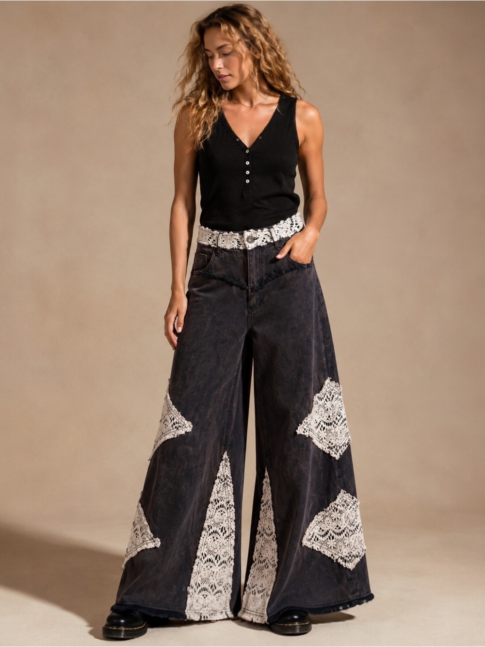POL Crochet Patch Wide Leg Jeans Antique Navy Boho Cotton M Festival - Picture 1 of 8